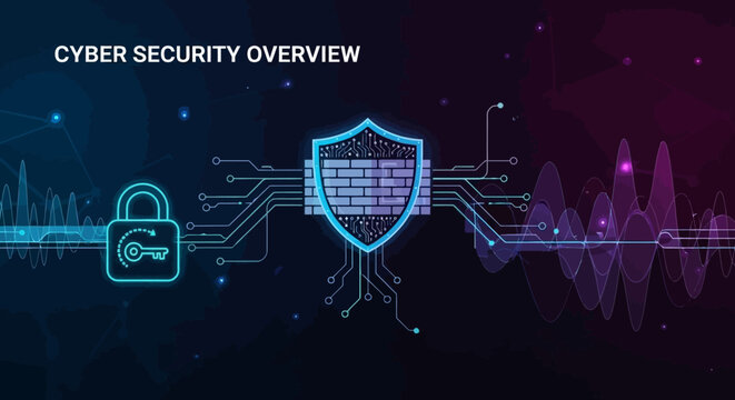 A cyber security overview showcases a shield and lock on a circuit board with sound waves.