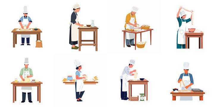 Collection of flat vector illustrations featuring professional bakers and chefs kneading and preparing dough on wooden tables for various bread and pastry types.