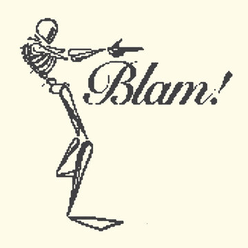 Skeleton character illustration pointing finger with text blam graphic design element for creative projects and retro style apparel prints