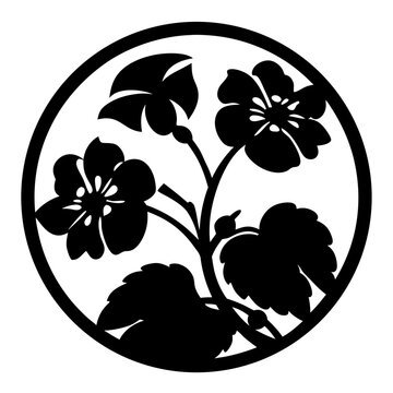 Japanese floral crest kamon, traditional black and white flower silhouette vector, circular botanical emblem with blossoms and leaves