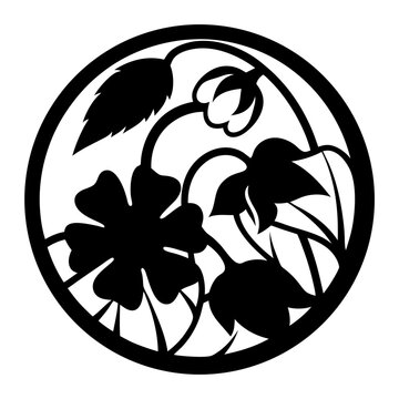 Japanese kamon style floral emblem, traditional black and white flower circle vector, botanical silhouette crest for branding and logo design