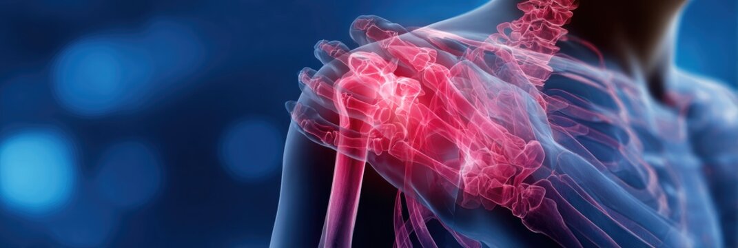 Close-up of a glowing red shoulder joint with visible bones and ligaments, symbolizing pain and injury, against a blurred blue background.