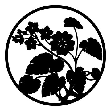 Japanese floral crest silhouette, traditional botanical kamon vector, black geranium flower circle emblem, minimalist nature logo design