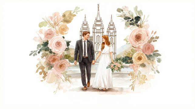 A stunning wedding invitation for the mormon temple wedding. Latter Day Saint Church of Jesus Christ graphics. A couple holding hands in front of the temple with soft tones and florals