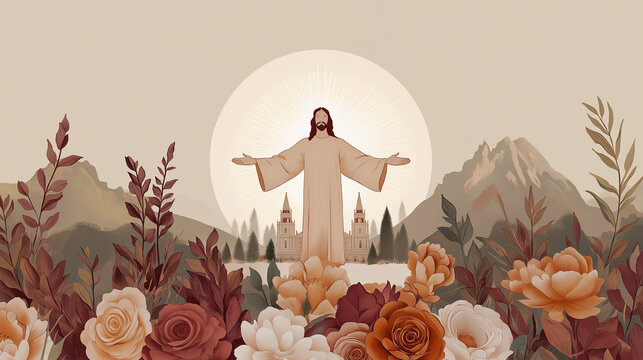 A stunning graphic image of Jesus Christ and Mormon Temple with mountains and florals, illustration, 