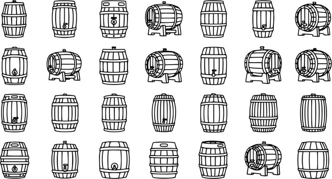 Black and White Line Art Icons of Various Wooden Barrels and Casks, Vector Collection