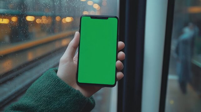 Hand holding smartphone with green screen by a rainy train window at dusk, bokeh city lights and green sweater conveying a quiet, contemplative commute