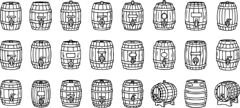 Black and White Line Art Collection of Various Wooden Barrels and Kegs