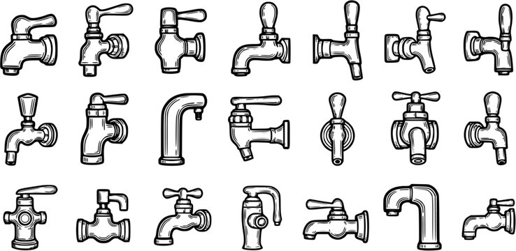 Black and White Line Art Collection of Various Faucets and Taps