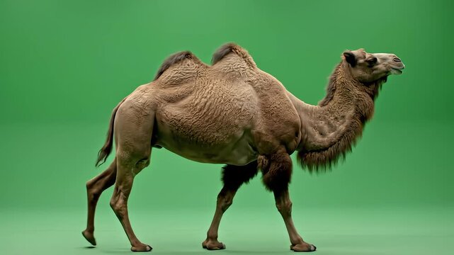Camel walking on green screen for commercial backgrounds, digital design, and advertising