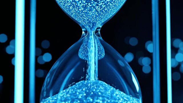 A blue hourglass with flowing sand on a dark background with blue lights