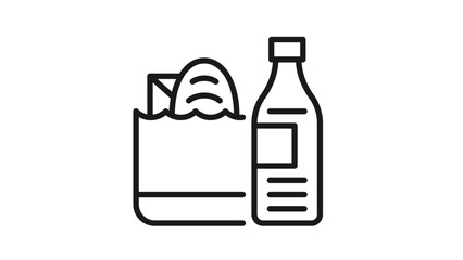 Grocery bag with bread and carton next to a bottle vector icon, minimalist black line art illustration of food shopping essentials, supermarket purchase symbol for web and app design. © Ustaad