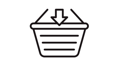 Minimalist black line art vector icon illustration of a shopping basket with a downward pointing arrow, representing adding to cart, online retail purchase, e-commerce, and digital shopping. © Ustaad