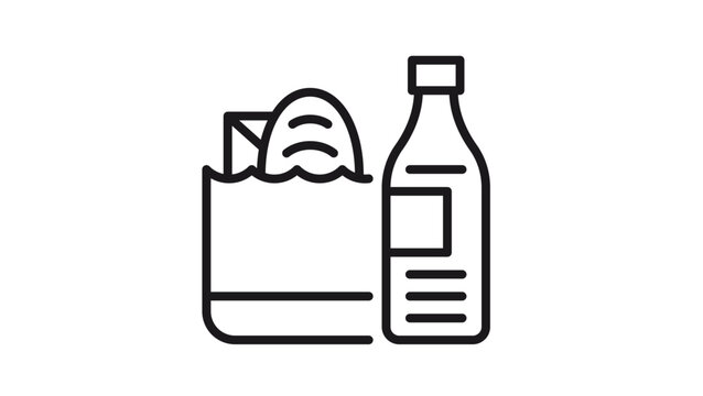 Grocery bag with bread and carton next to a bottle vector icon, minimalist black line art illustration of food shopping essentials, supermarket purchase symbol for web and app design.