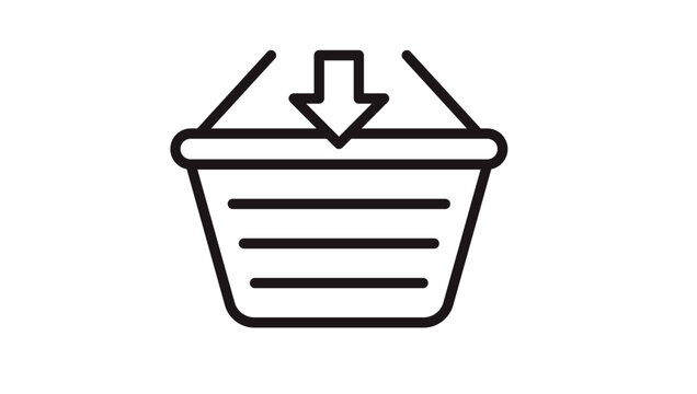 Minimalist black line art vector icon illustration of a shopping basket with a downward pointing arrow, representing adding to cart, online retail purchase, e-commerce, and digital shopping.