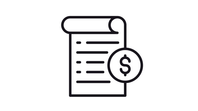 Minimalist black vector icon of a paper document or scroll with a dollar sign symbol, representing a financial bill, invoice, receipt, payment statement, or price list for business use.