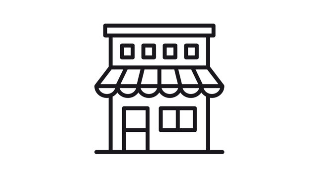 Minimalist black line art vector icon illustration of a small retail shop or boutique store building featuring a striped awning, windows, and a door, isolated on white for business design.