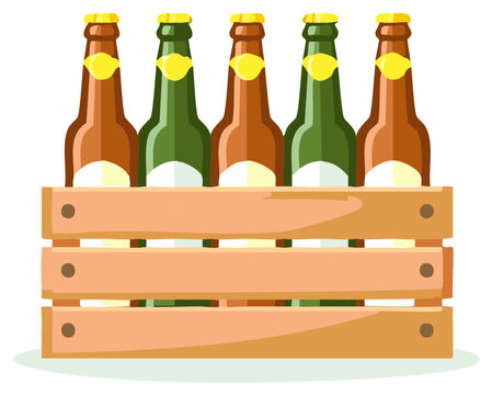 Five glass beer bottles in a rustic wooden crate vector illustration