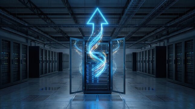 Data center server rack with glowing blue arrow pointing up. High speed cloud computing and digital growth concept. Modern server room with neon light trails