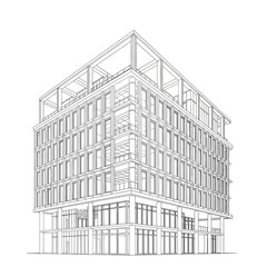Fototapeta premium Modern Office Building Architectural Drawing, Facade with Glass Windows and Steel Structure