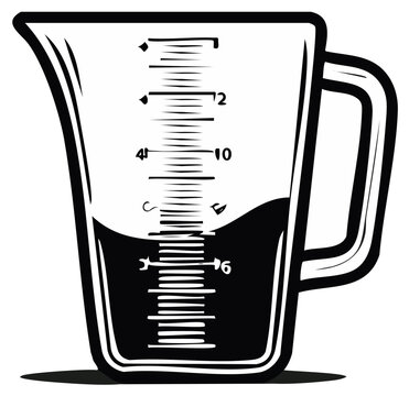 Measuring Cup with Liquid Inside for Baking and Cooking Black and White Graphics Vector Illustration