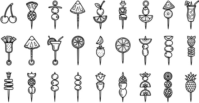 Black and White Line Art of Assorted Cocktail Picks with Fruits and Olives
