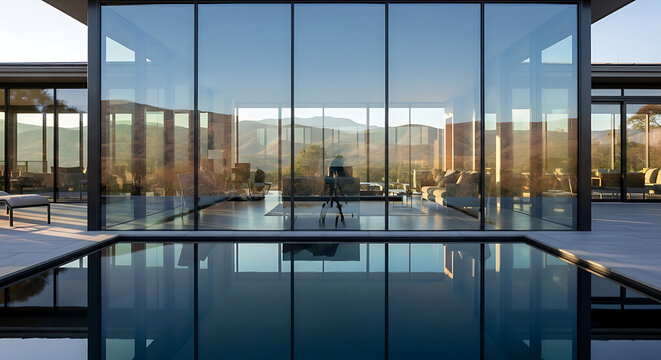 A Stunning Modern Luxury Rooftop Infinity Pool with a Magnificent Panoramic Overlooking City Skyline at Twilight .