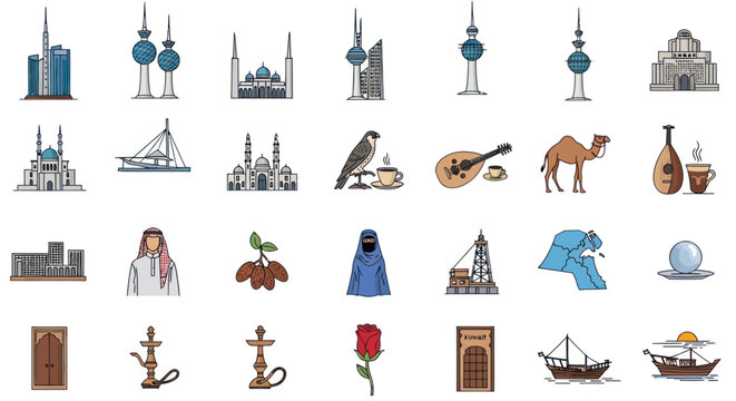 Kuwait Landmark Icons: Towers, Mosques, Camel, Dhow, Falcon, Oud, Rose