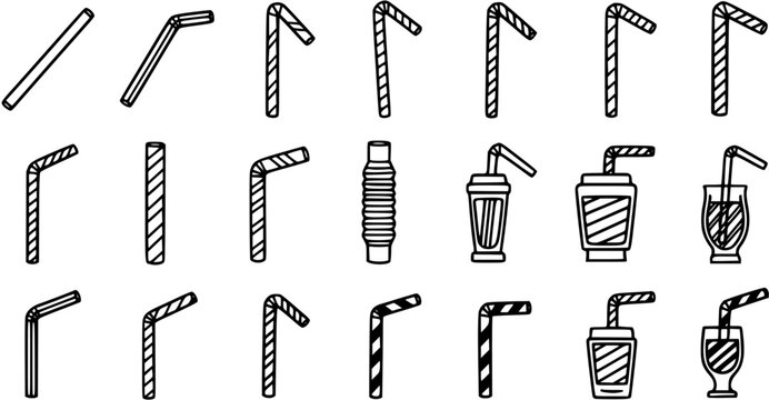 Food and Drink Black and White Line Art Icon Set of Various Drinking Straws and Refreshment Beverages  Outline Doodle Style Collection