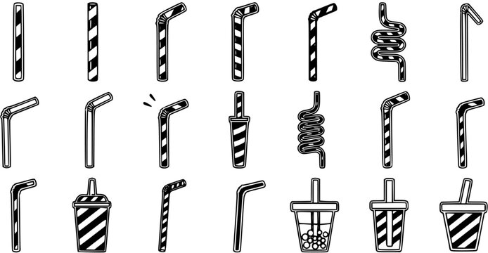 Food and Drink Industry Black  White Line Art Set of Various Drinking Straws and Beverage Cups. Outline Doodle Collection of Flexible, Straight, and Bubble Tea Straws with Disposable Cups.