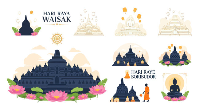 Vesak Day Celebration, Borobudur Temple, Buddha Statue, Lotus Flowers, Buddhist Festival
