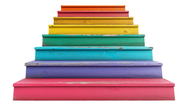 Wooden Rainbow Stairs with Vibrant Colors Isolated on Transparent Background