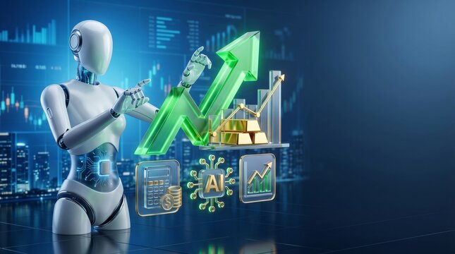 Detailed AI robot with circuit body pointing green arrow gold bars AI chip and calculator icons, 3D render