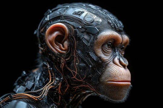 side profile of a cybernetic chimpanzee with exposed circuitry, metallic implants and wiring, realistic fur and a pensive, contemplative expression against a dark background