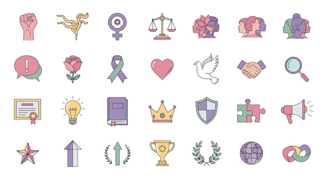 Diverse Icons Representing Social Justice, Equality, Peace, and Success