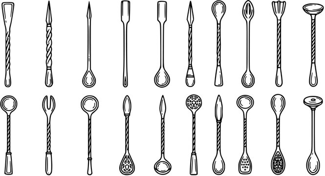 Bartending Cocktail Bar Tools Vector Line Art Icons Set. Hand-drawn Outline Utensils Collection in Sketch Style for Mixing Drinks.
