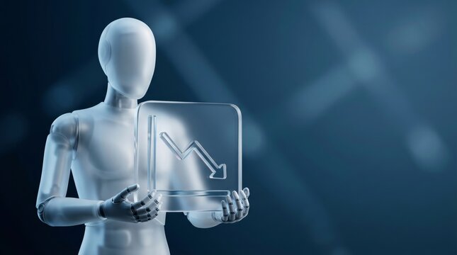 Translucent AI robot holding glass tablet with blue downtrend arrow and bar chart, 3D render