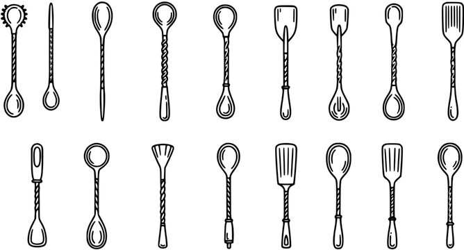 Bartending Cocktail Bar Tools Line Art Icons Set. Black and White Outline Collection of Spoons, Stirrers, Muddlers, and Utensils for Drink Mixology.