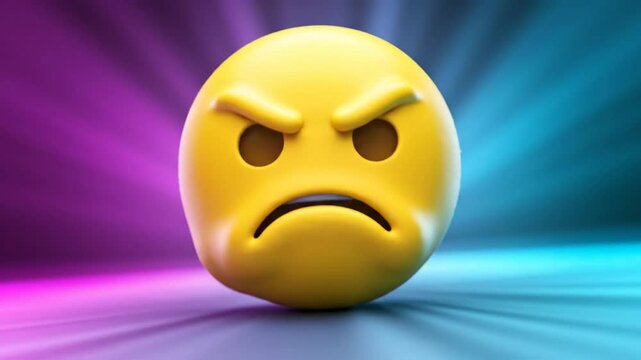 Aggravated yellow emoji with furrowed brows and frowning mouth on vibrant, neon-colored background