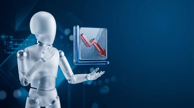 Translucent AI robot holding all-white glass downtrend chart panel with dark blue digital background, 3D render