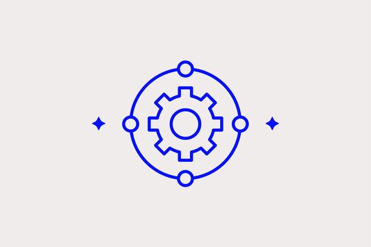 Circular node network with a gear in the center represents automated system integration. Logical Vector Illustration is ideal for backend logic and technology ecosystem designs.