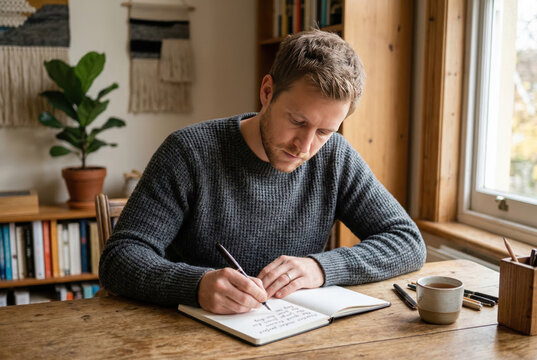 Focused man practicing calligraphy in a notebook with a fountain pen. Caucasian adult male writing cursive at a wooden desk in a home office setting