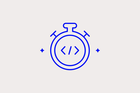 Stopwatch icon with a code symbol tracks programming efficiency and software performance. Functional Vector Illustration is perfect for time management and speed optimization themes.