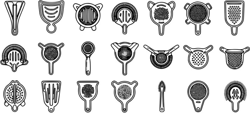 Black and White Line Art Icons of Cocktail Bar Strainers and Tools for Mixology