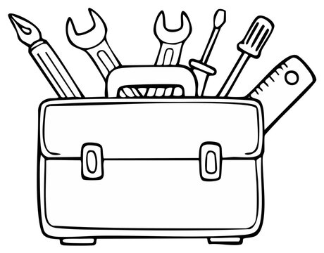 Toolbox illustration with open wrenches and screwdrivers, hand drawn vector graphic
