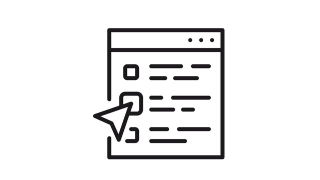 Black line vector icon of a web browser window featuring a checklist with checkboxes and a mouse cursor pointer clicking on an option, minimalist graphic illustration for UI and web design.