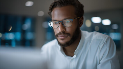 Obraz premium Software engineer running diagnostics on system architecture, analyzing algorithmic code structure, futuristic data center illuminated by blue lighting. cinematic color correction, natural uneven