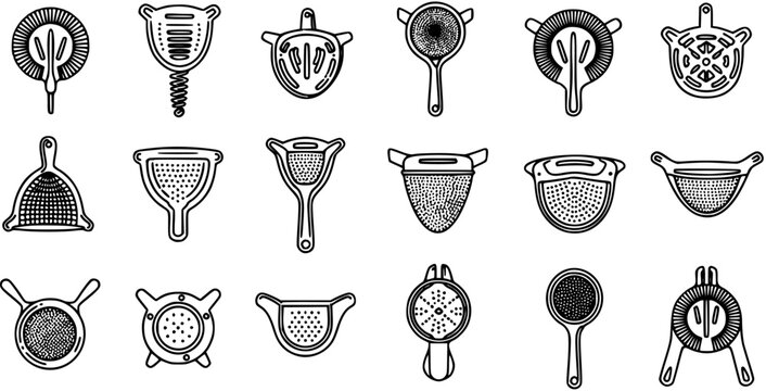 Bar Strainers and Sieves Collection - Black and White Line Art Vector Icons