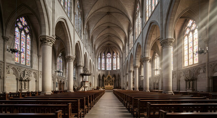 Obraz premium Interior view of a large empty cathedral with rows of pews and stained glass windows