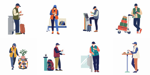 Fototapeta premium Illustration of travelers using hand sanitizer in various airport and travel settings to maintain hygiene and prevent germs during their journey.